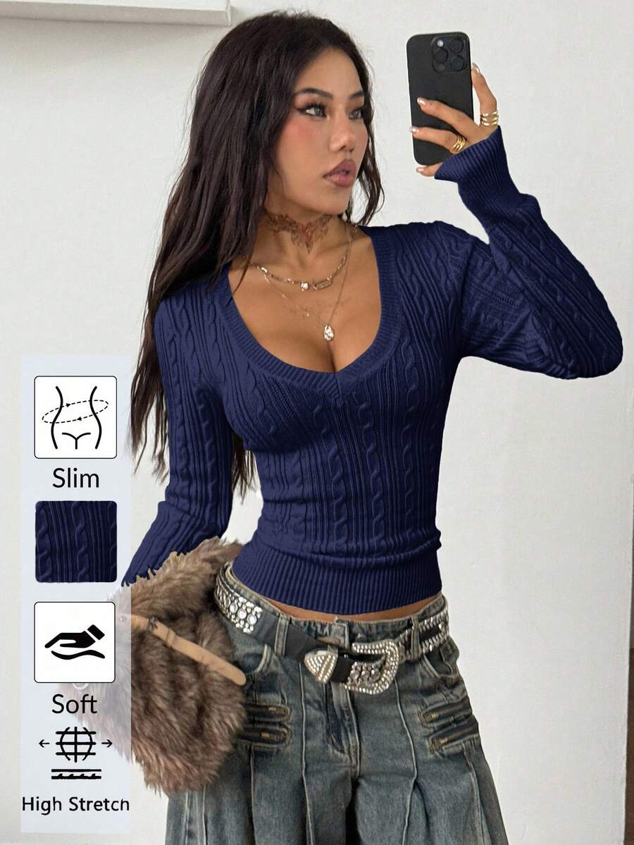 Vintage Ribbed Scoop Neck Sweater – Autumn / Winter – Y2K Knit Pullover