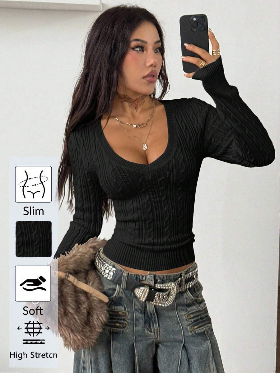Vintage Ribbed Scoop Neck Sweater – Autumn / Winter – Y2K Knit Pullover