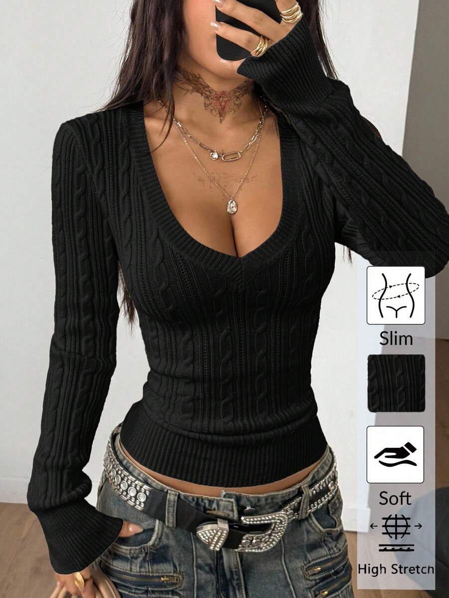Vintage Ribbed Scoop Neck Sweater – Autumn / Winter – Y2K Knit Pullover