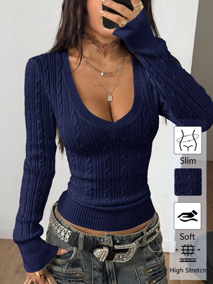 Vintage Ribbed Scoop Neck Sweater – Autumn / Winter – Y2K Knit Pullover