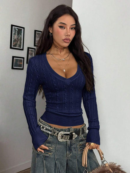 Vintage Ribbed Scoop Neck Sweater – Autumn / Winter – Y2K Knit Pullover