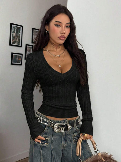 Vintage Ribbed Scoop Neck Sweater – Autumn / Winter – Y2K Knit Pullover