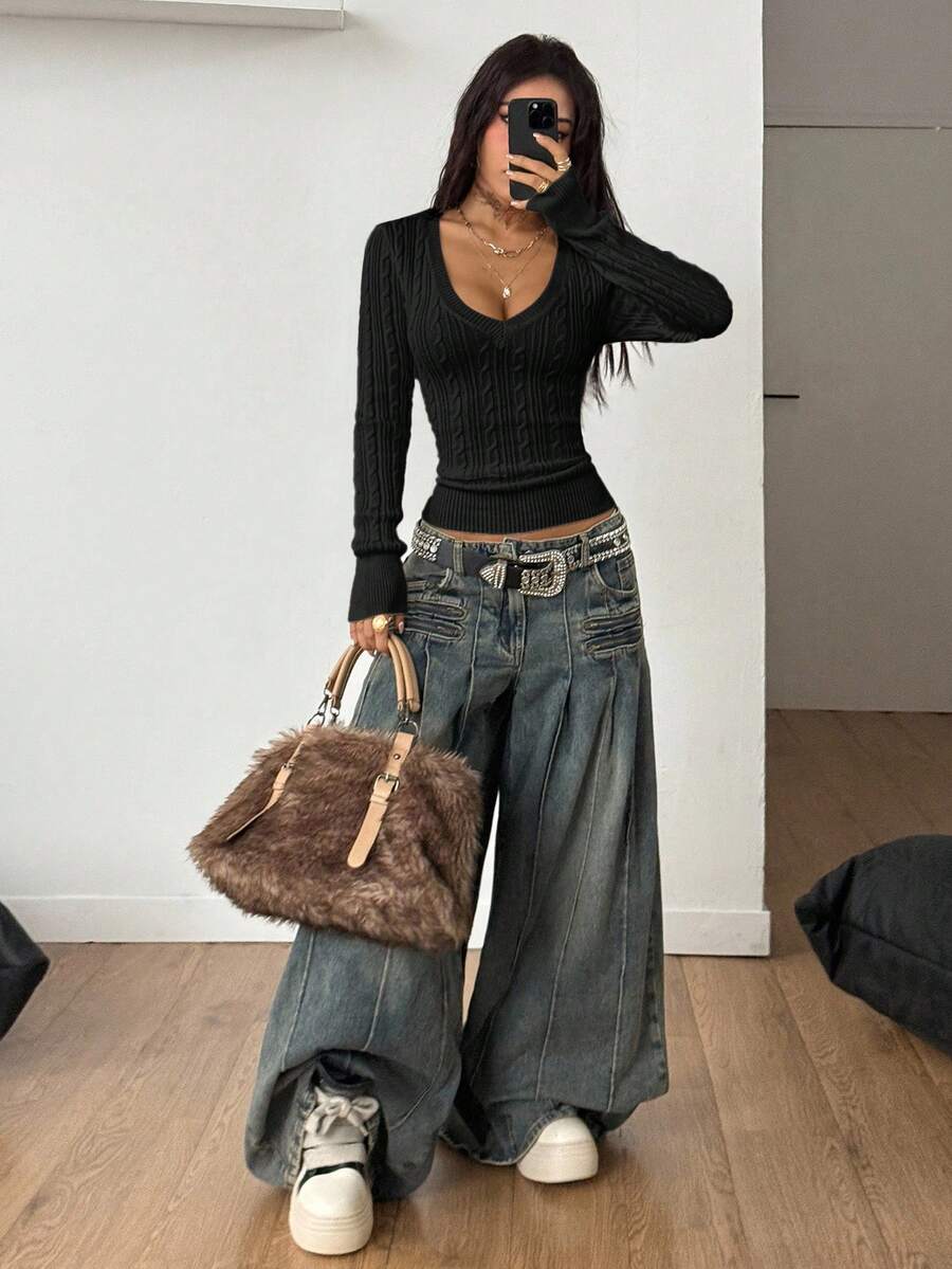 Vintage Ribbed Scoop Neck Sweater – Autumn / Winter – Y2K Knit Pullover