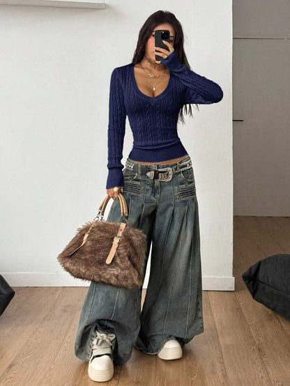 Vintage Ribbed Scoop Neck Sweater – Autumn / Winter – Y2K Knit Pullover