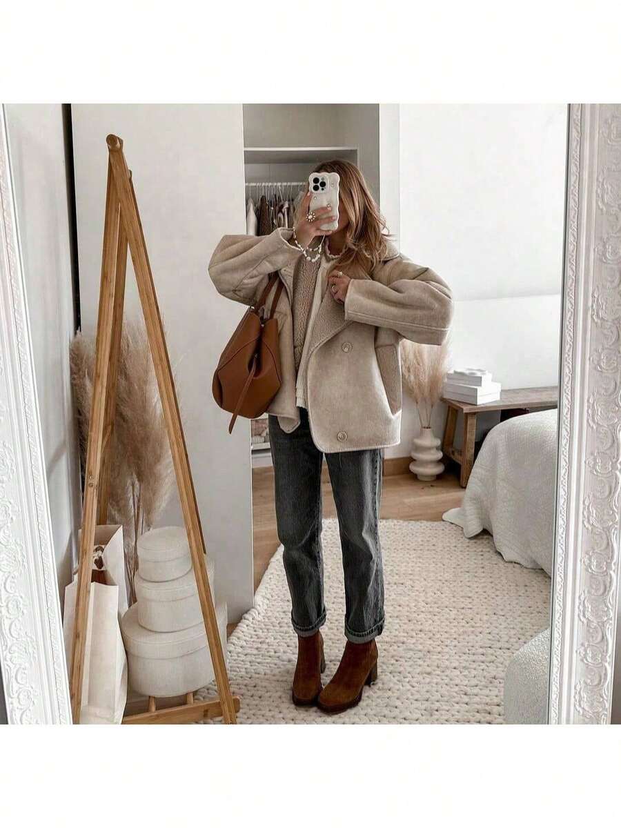 Women Faux Fur Lined Winter Jacket – Coffee Brown – Loose Fit Casual Coat