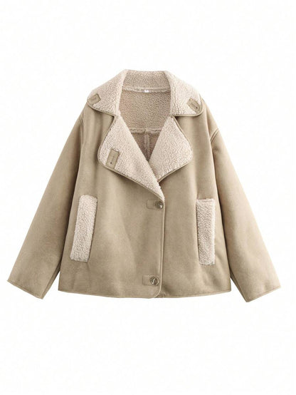Women Faux Fur Lined Winter Jacket – Coffee Brown – Loose Fit Casual Coat