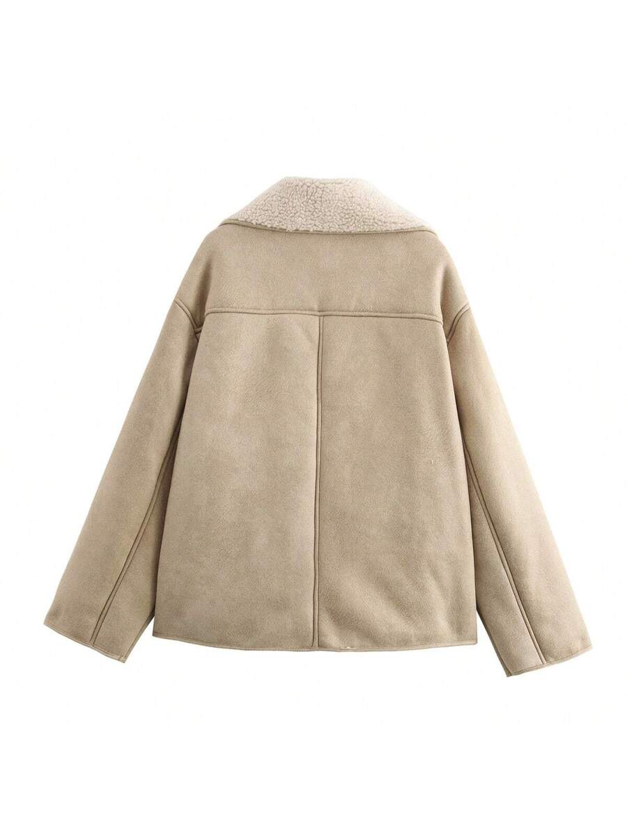 Women Faux Fur Lined Winter Jacket – Coffee Brown – Loose Fit Casual Coat