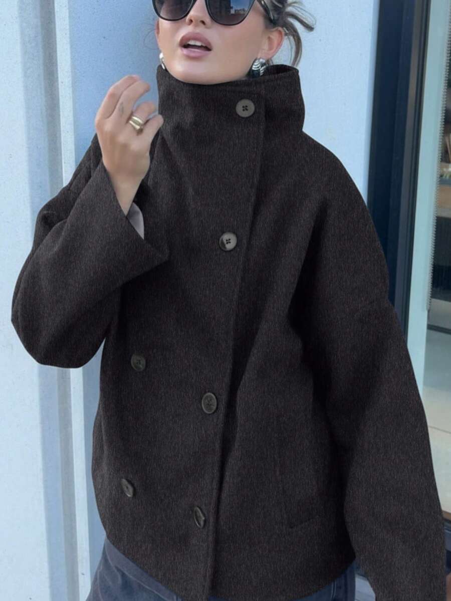 Women Double Breasted Coat Black – Funnel Neck Oversized Jacket – Casual Winter Style