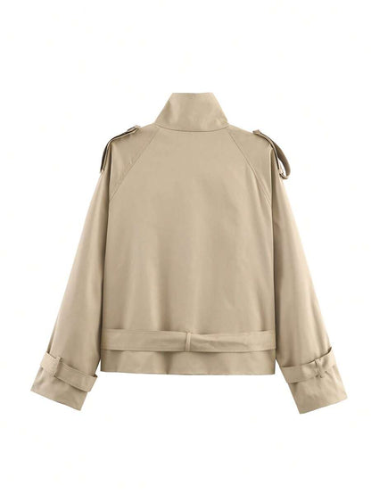 Women Khaki Trench Coat – Double Breasted Belted Jacket – Loose Fit With Pockets
