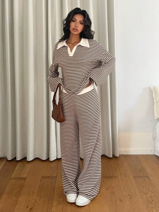 Striped Oversized Lounge Set – V-neck – 2 Piece Knit Outfit