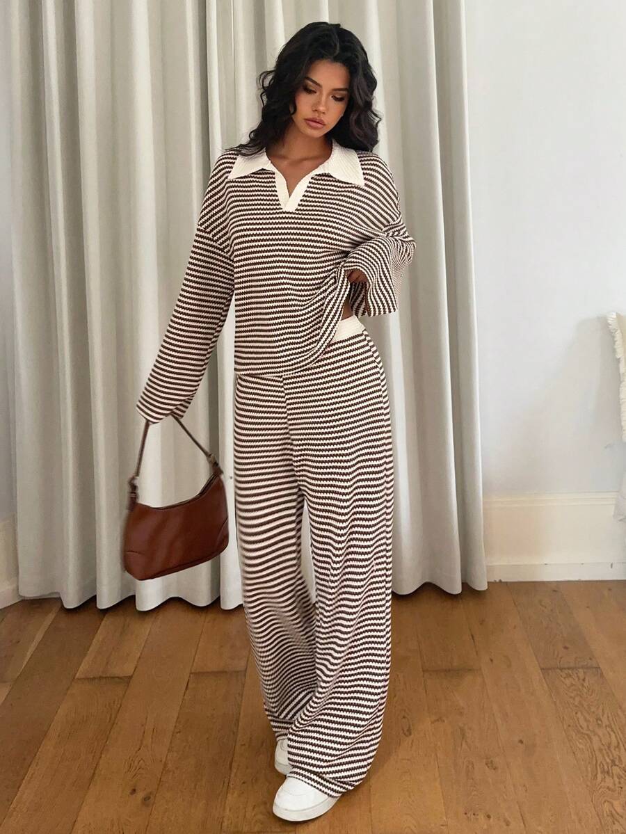 Striped Oversized Lounge Set – V-neck – 2 Piece Knit Outfit