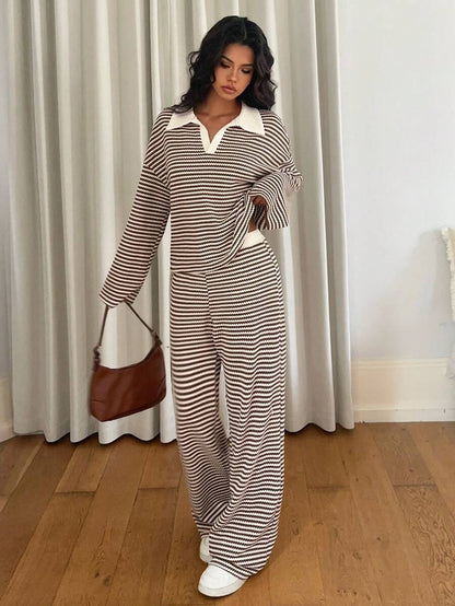 Striped Oversized Lounge Set – V-neck – 2 Piece Knit Outfit