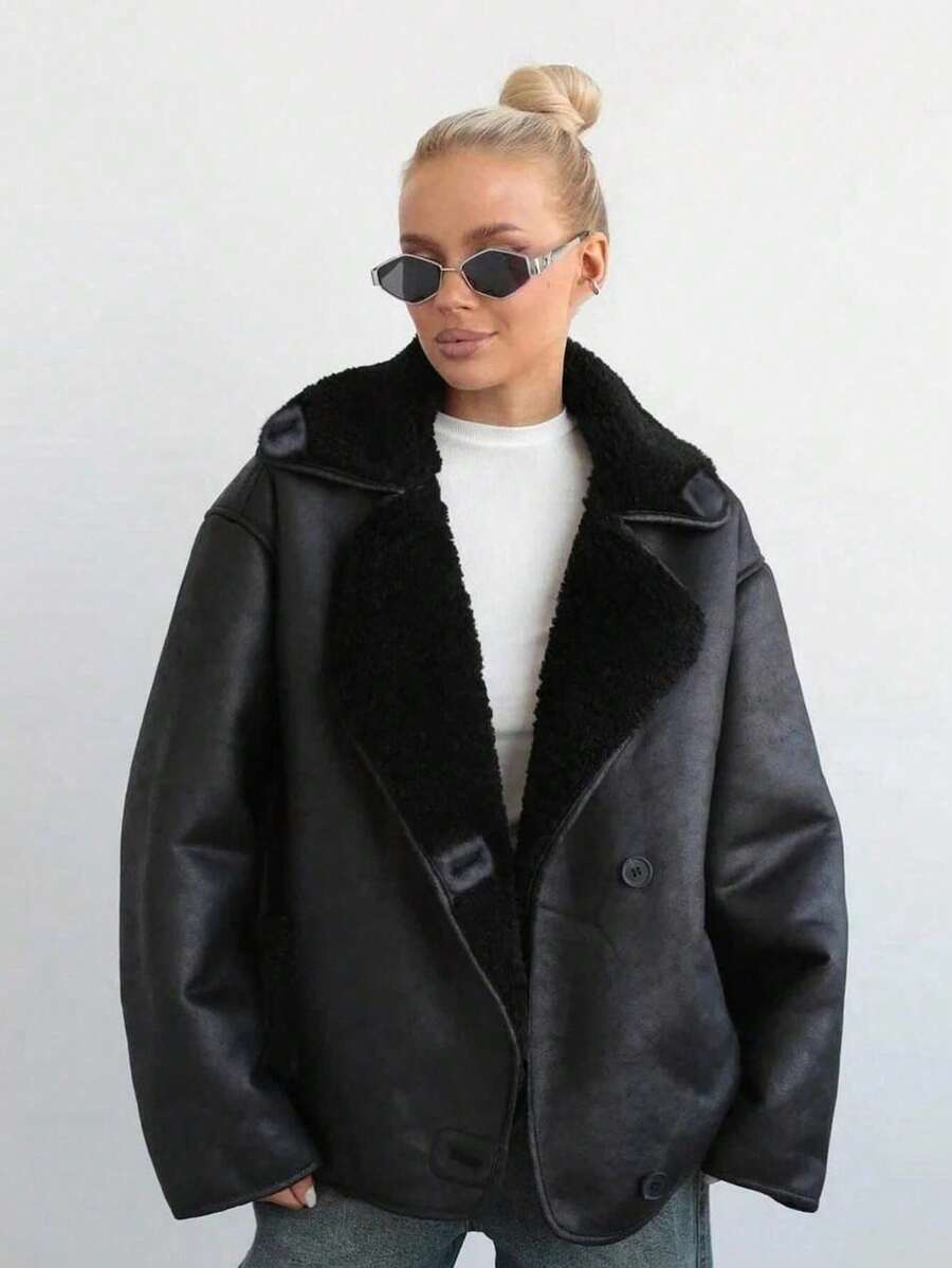 Women Faux Fur Lined Winter Jacket – Coffee Brown – Loose Fit Casual Coat