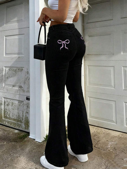 Women Y2K Flare Jeans – High Waist Stretch Denim – Embroidered Bow Slim Fit
