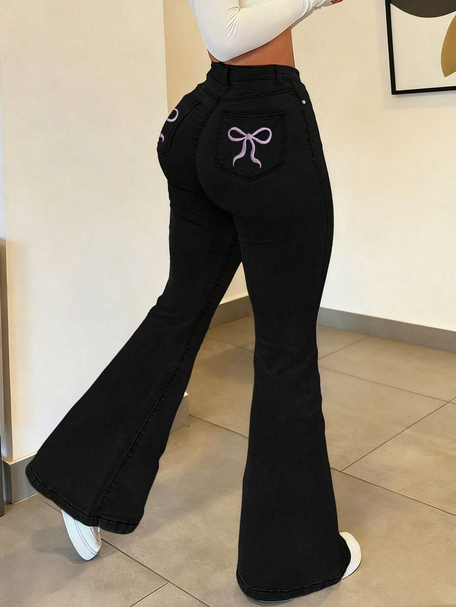 Women Y2K Flare Jeans – High Waist Stretch Denim – Embroidered Bow Slim Fit