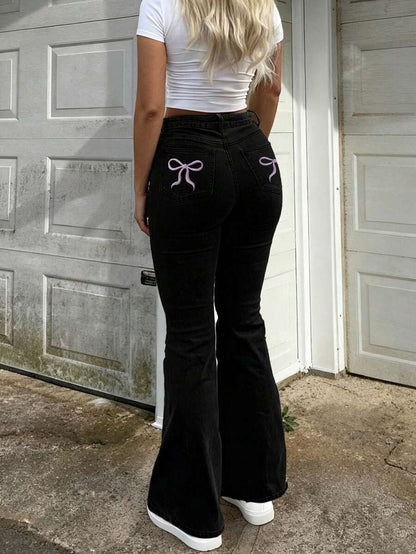 Women Y2K Flare Jeans – High Waist Stretch Denim – Embroidered Bow Slim Fit