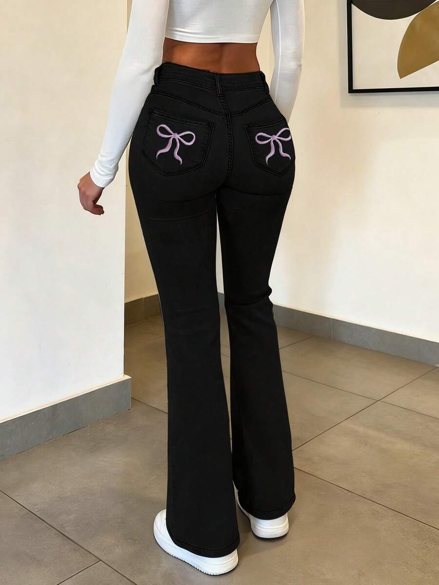 Women Y2K Flare Jeans – High Waist Stretch Denim – Embroidered Bow Slim Fit