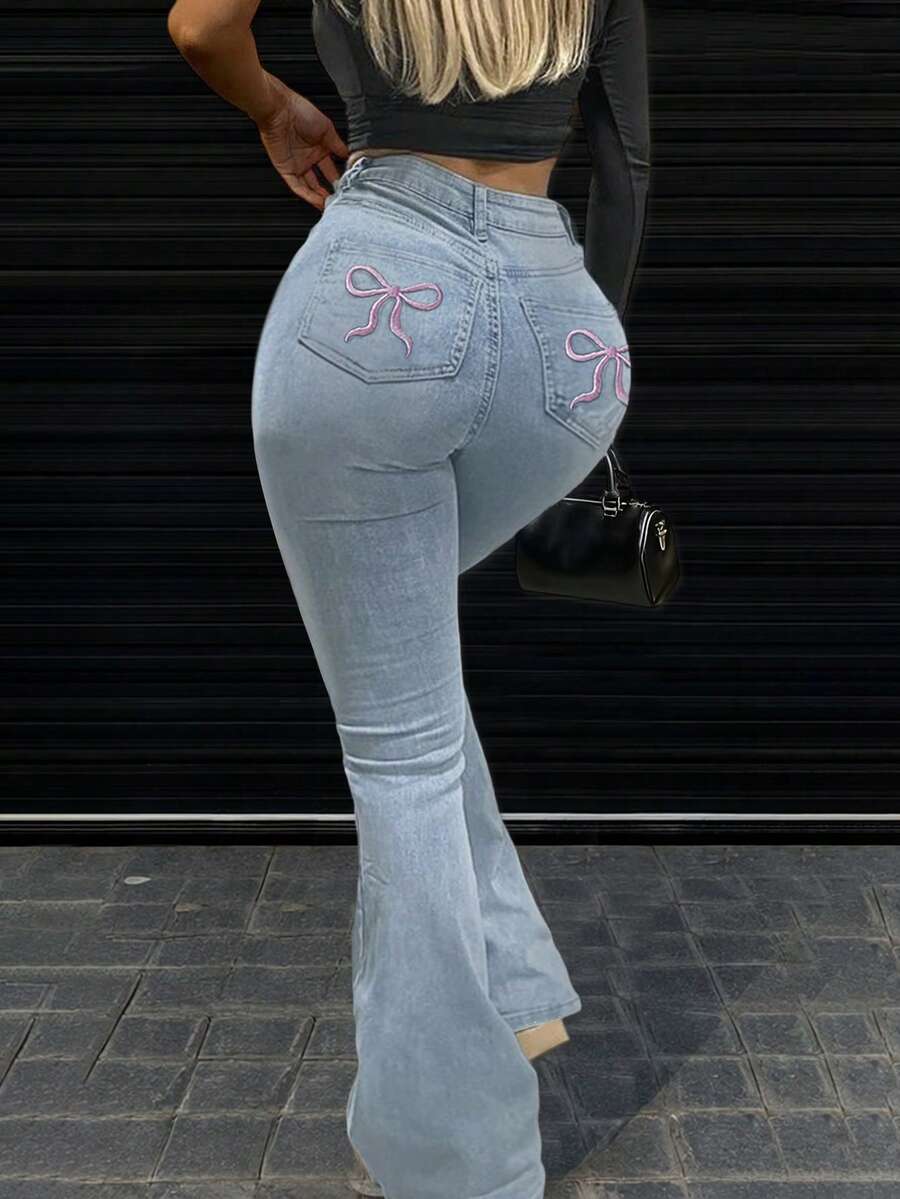 Women Y2K Flare Jeans – High Waist Stretch Denim – Embroidered Bow Slim Fit