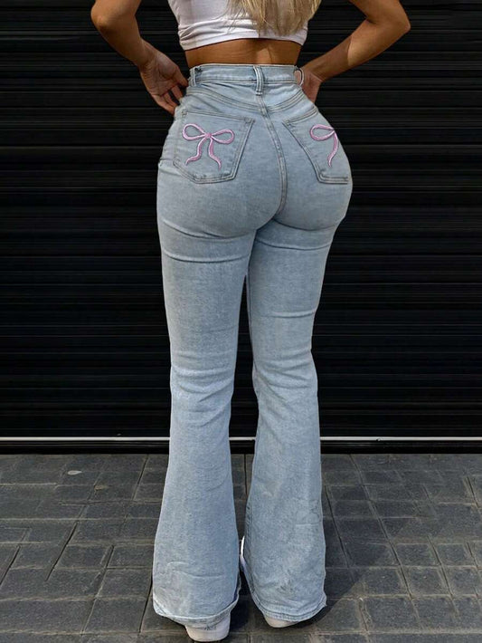 Women Y2K Flare Jeans – High Waist Stretch Denim – Embroidered Bow Slim Fit