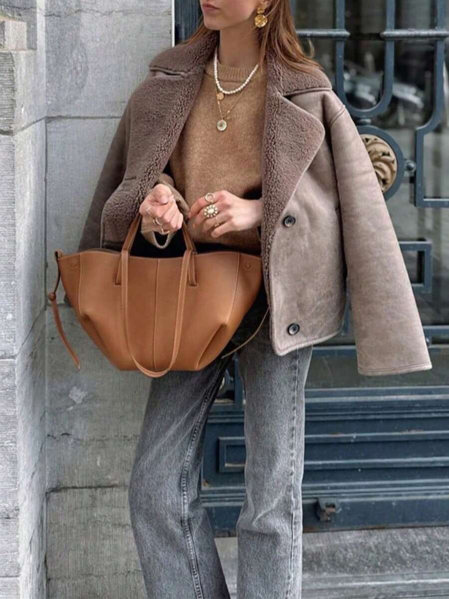 Women Faux Fur Lined Winter Jacket – Coffee Brown – Loose Fit Casual Coat
