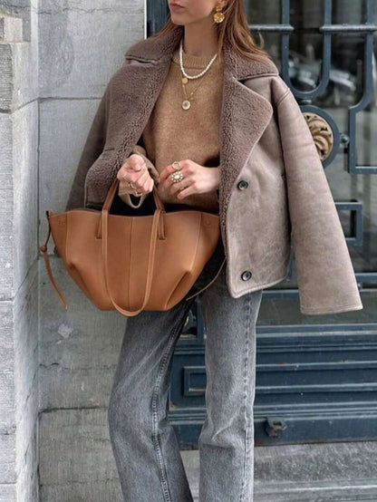 Women Faux Fur Lined Winter Jacket – Coffee Brown – Loose Fit Casual Coat