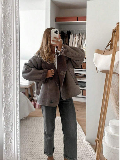 Women Faux Fur Lined Winter Jacket – Coffee Brown – Loose Fit Casual Coat