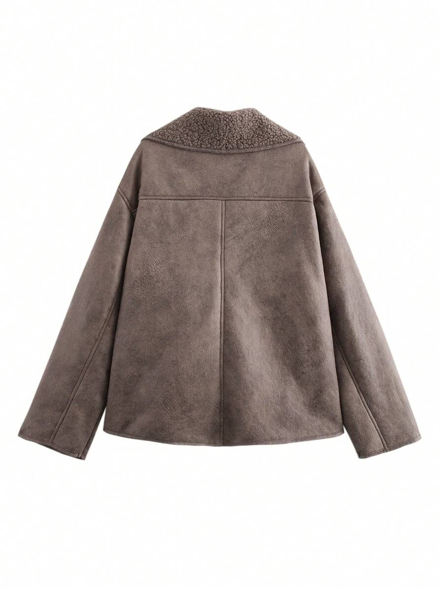 Women Faux Fur Lined Winter Jacket – Coffee Brown – Loose Fit Casual Coat