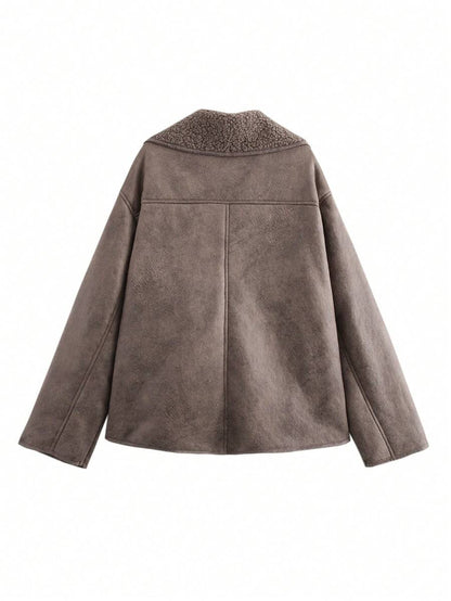 Women Faux Fur Lined Winter Jacket – Coffee Brown – Loose Fit Casual Coat