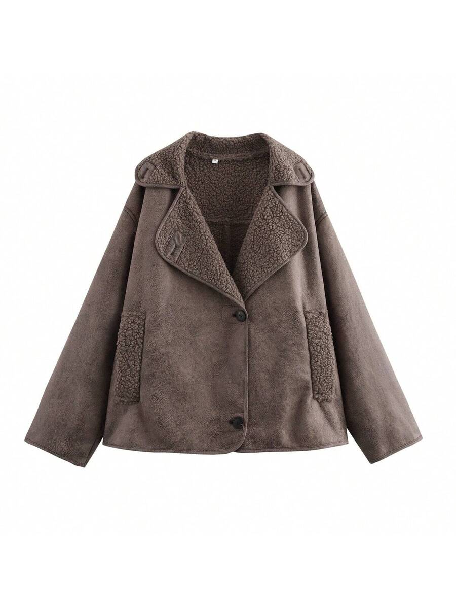 Women Faux Fur Lined Winter Jacket – Coffee Brown – Loose Fit Casual Coat