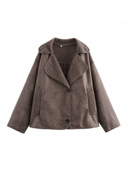 Women Faux Fur Lined Winter Jacket – Coffee Brown – Loose Fit Casual Coat