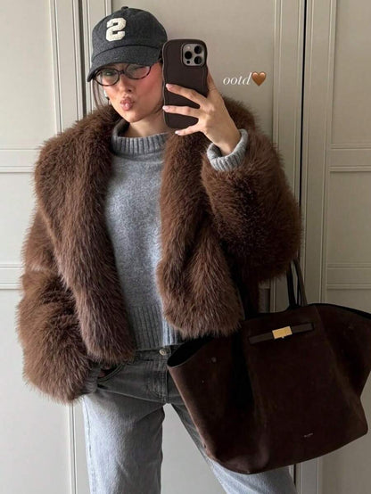 Faux Fur Collar Jacket – Women's Winter Coat – Date Brown Casual Outerwear