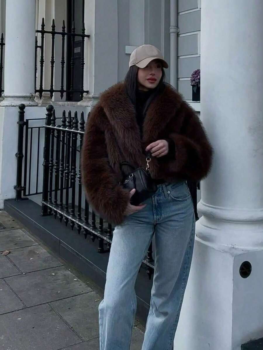 Faux Fur Collar Jacket – Women's Winter Coat – Date Brown Casual Outerwear