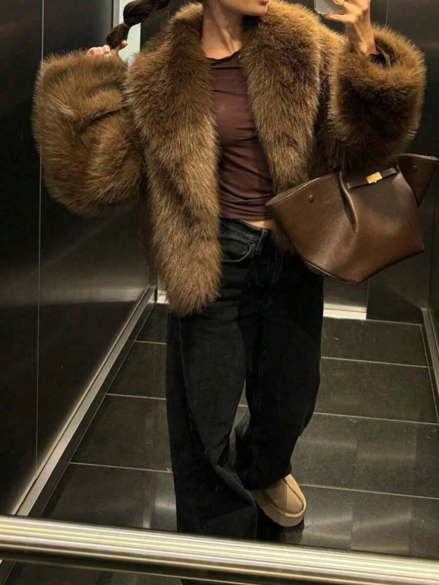 Faux Fur Collar Jacket – Women's Winter Coat – Date Brown Casual Outerwear