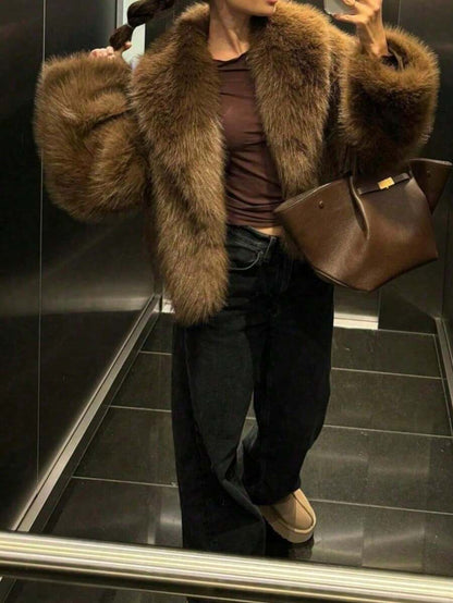 Faux Fur Collar Jacket – Women's Winter Coat – Date Brown Casual Outerwear