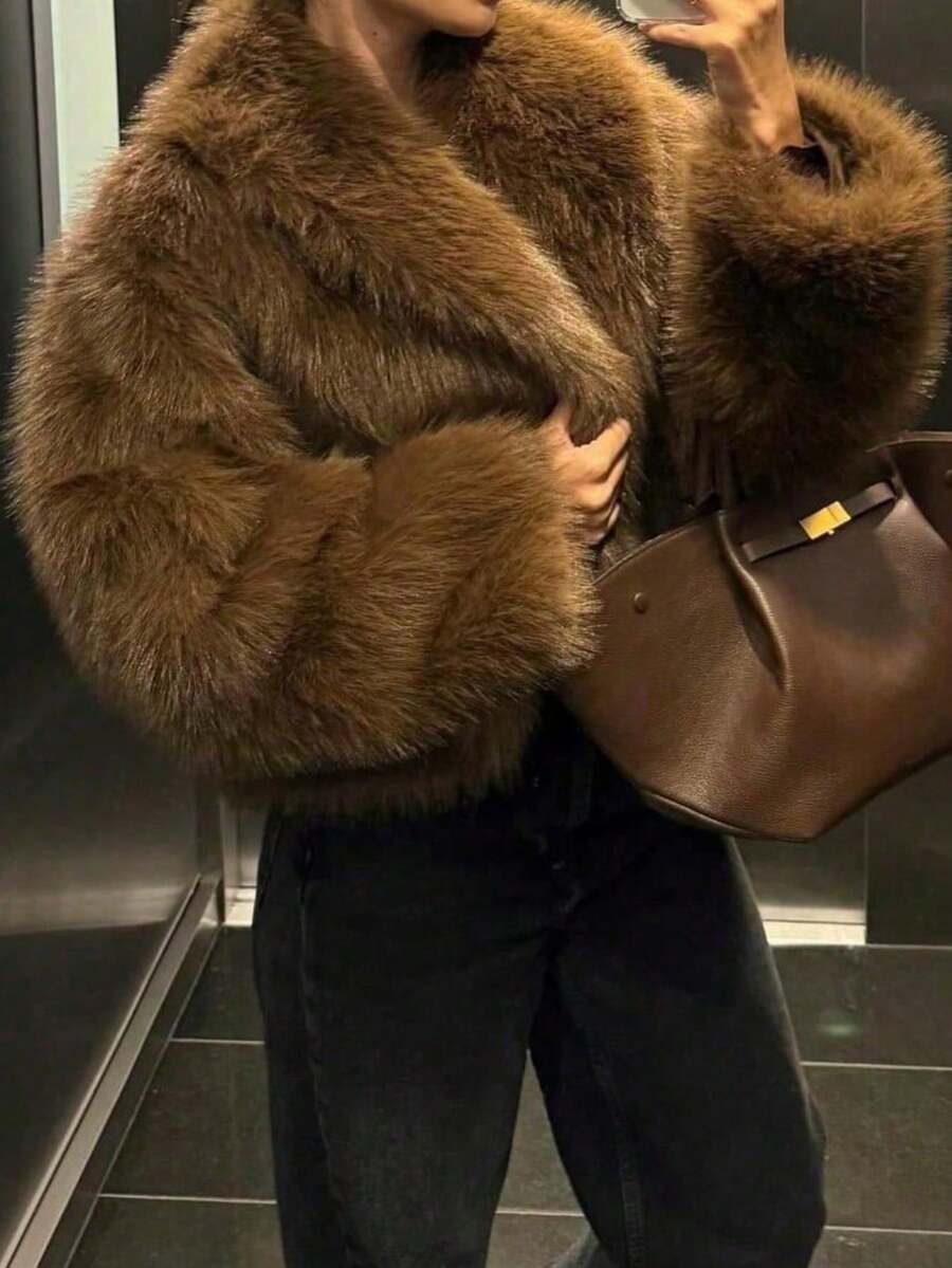 Faux Fur Collar Jacket – Women's Winter Coat – Date Brown Casual Outerwear