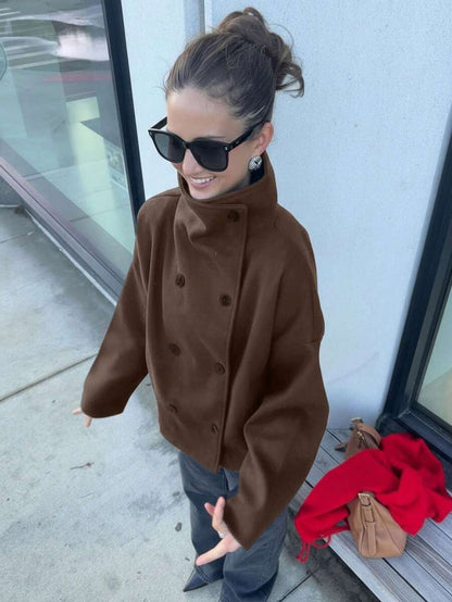 Women Double Breasted Coat Black – Funnel Neck Oversized Jacket – Casual Winter Style