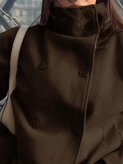 Women Double Breasted Coat Black – Funnel Neck Oversized Jacket – Casual Winter Style