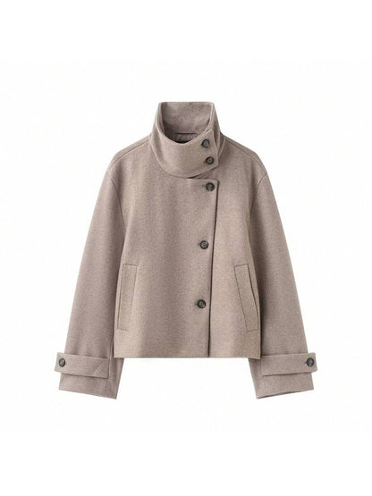 Women Short Jacket Khaki – Minimalist Button Coat – Casual Structured Fit