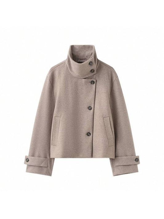 Women Short Jacket Khaki – Minimalist Button Coat – Casual Structured Fit