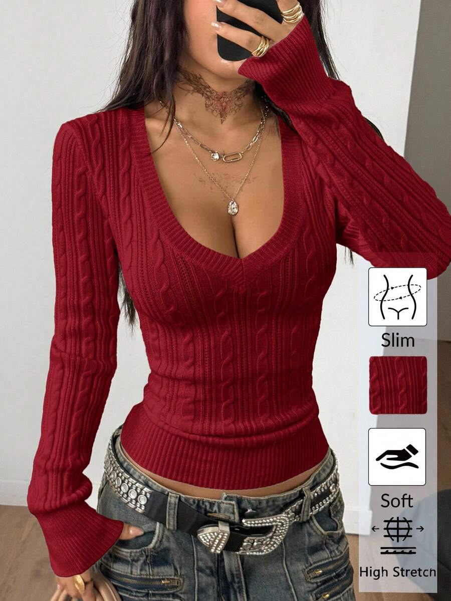Vintage Ribbed Scoop Neck Sweater – Autumn / Winter – Y2K Knit Pullover