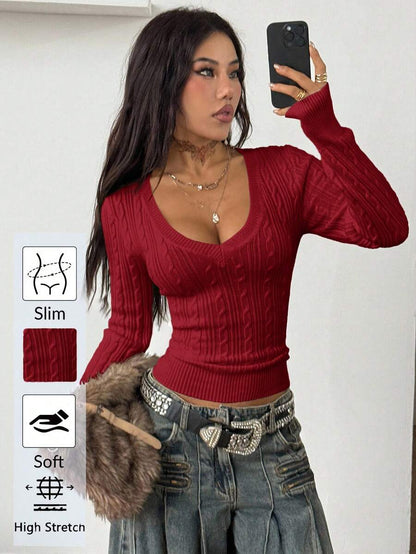Vintage Ribbed Scoop Neck Sweater – Autumn / Winter – Y2K Knit Pullover