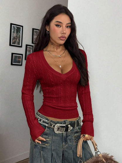 Vintage Ribbed Scoop Neck Sweater – Autumn / Winter – Y2K Knit Pullover
