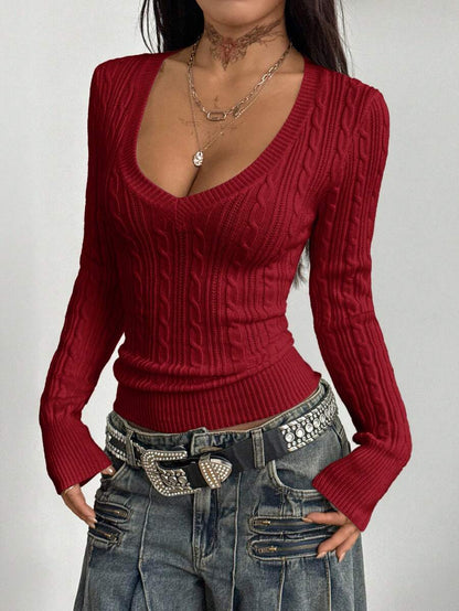 Vintage Ribbed Scoop Neck Sweater – Autumn / Winter – Y2K Knit Pullover