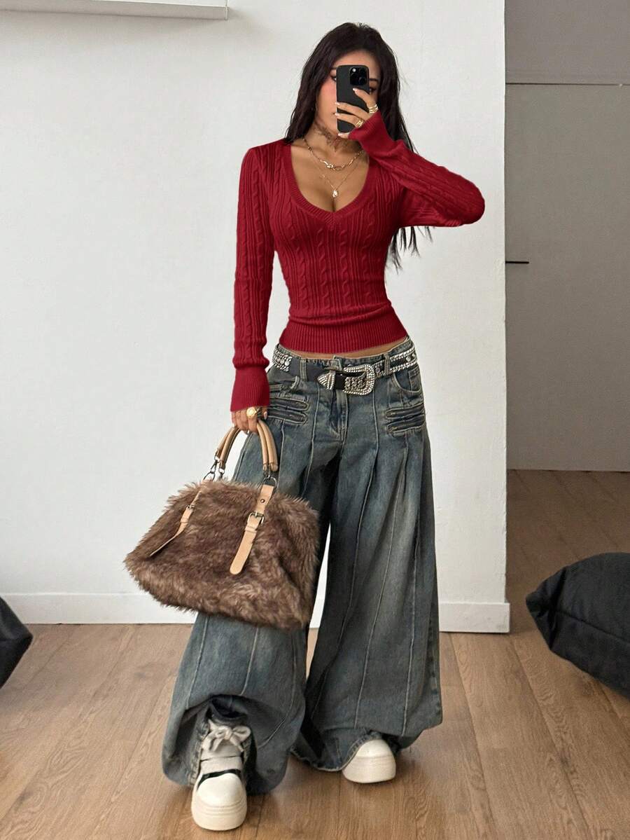 Vintage Ribbed Scoop Neck Sweater – Autumn / Winter – Y2K Knit Pullover