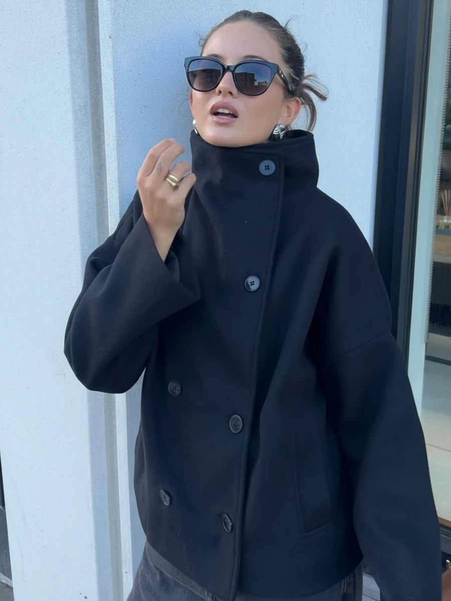 Women Double Breasted Coat Black – Funnel Neck Oversized Jacket – Casual Winter Style