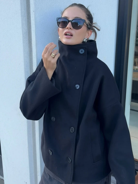 Women Double Breasted Coat Black – Funnel Neck Oversized Jacket – Casual Winter Style