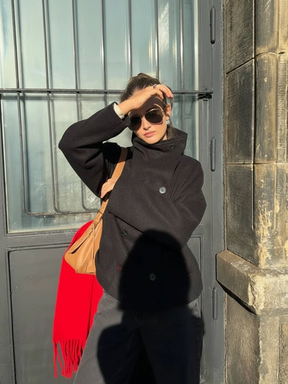 Women Double Breasted Coat Black – Funnel Neck Oversized Jacket – Casual Winter Style