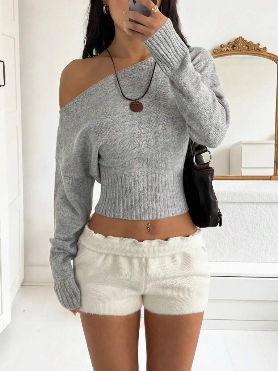 Off Shoulder Knit Sweater – Sexy – Cropped Autumn Pullover