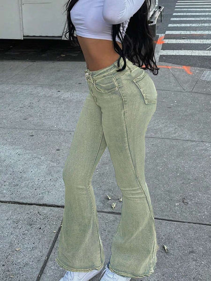 Women Y2K Flare Jeans – High Waist Stretch Denim – Embroidered Bow Slim Fit