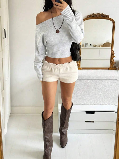 Off Shoulder Knit Sweater – Sexy – Cropped Autumn Pullover